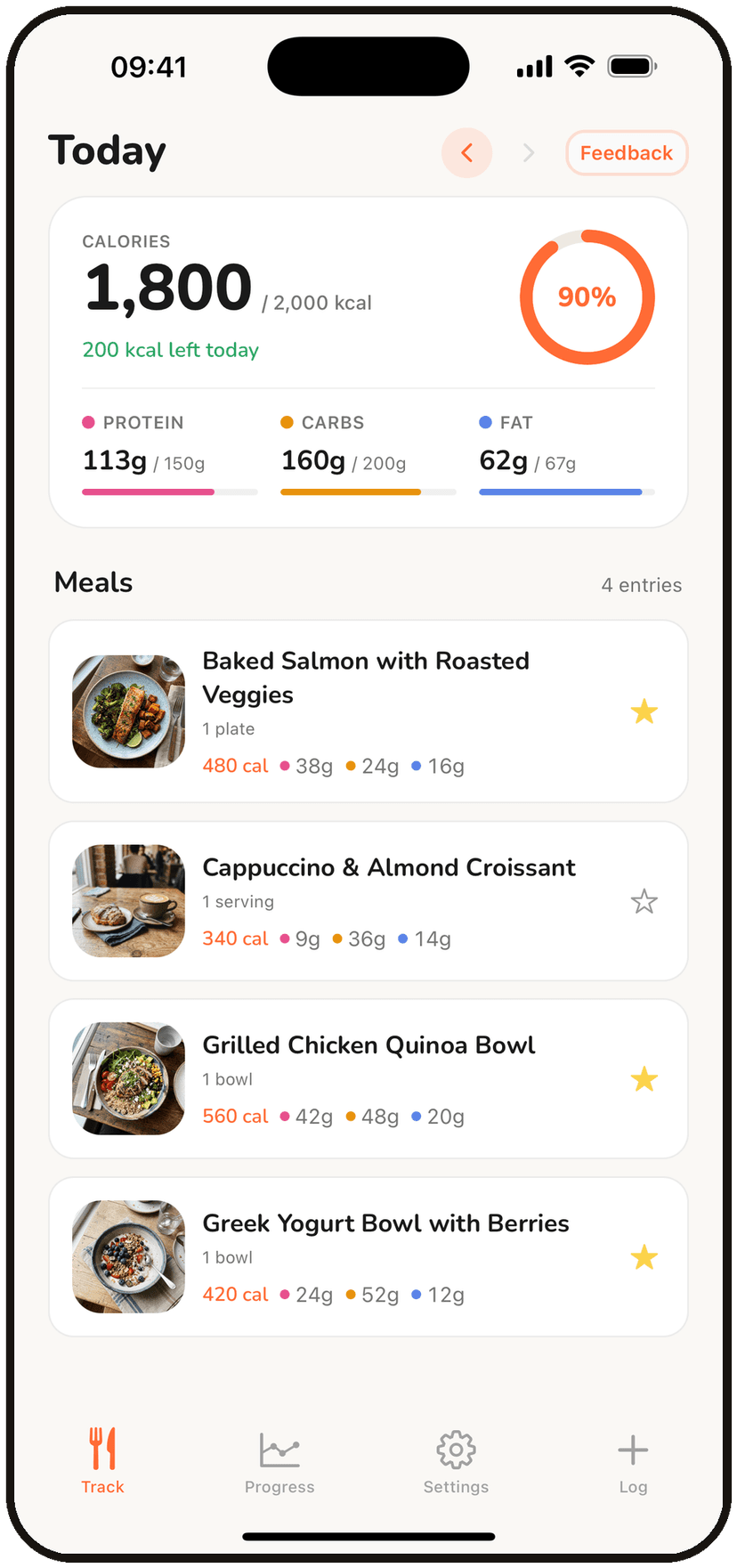 BiteKit home screen with daily calorie and macro tracking